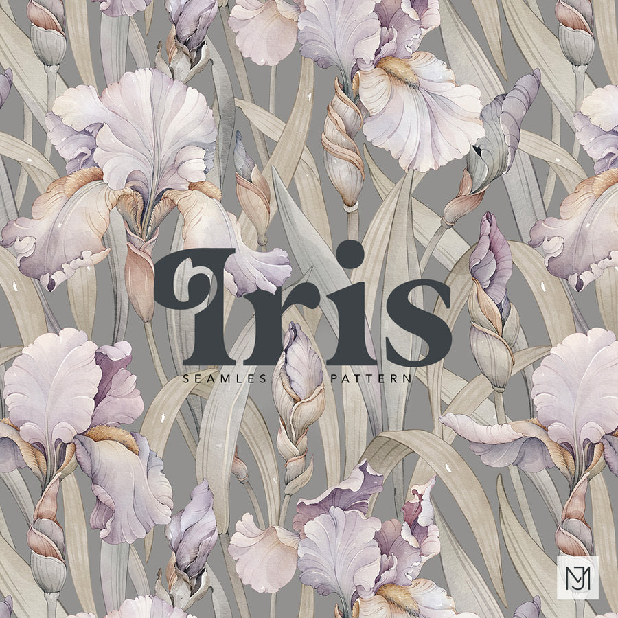 Iris seamless surface pattern with lavender, purple, and cream iris blooms and long sage green leaves on a gray background