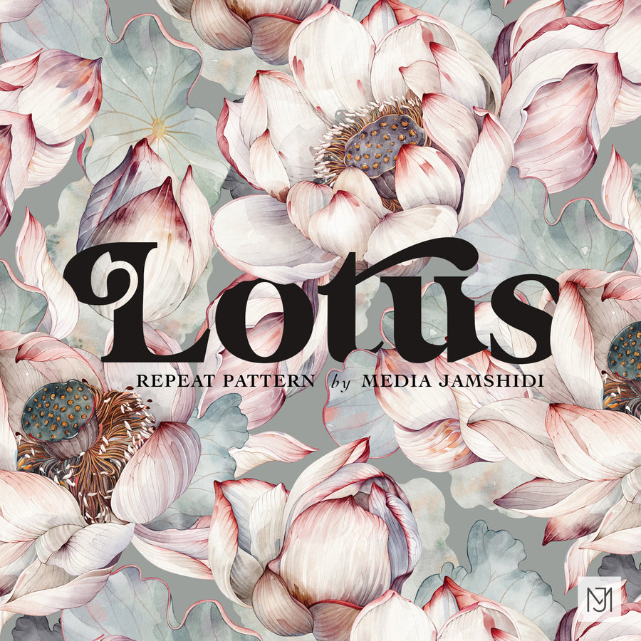 Lotus repeating floral pattern with large white and blush pink lotus blooms, seed pods, and dusty sage leaves on a gray background