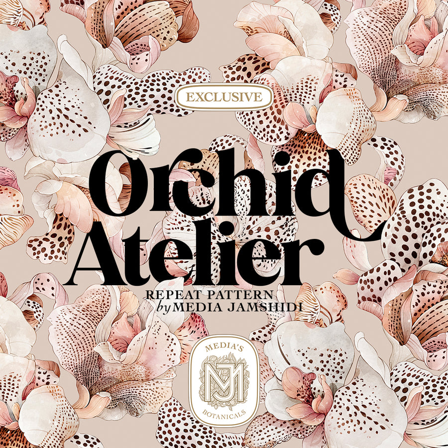 Orchid Atelier repeating floral pattern with large cream and blush orchid blooms and brown speckled petals on a dusty rose background