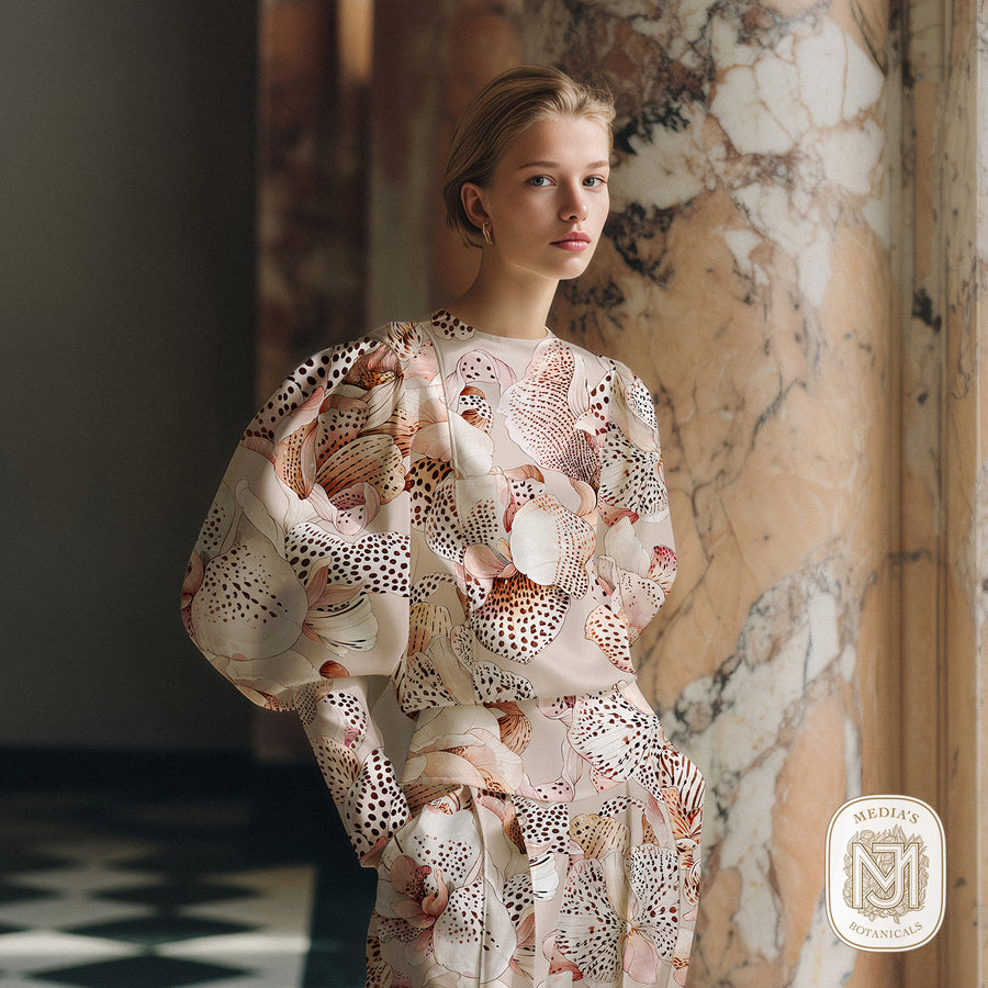 Woman wearing a puff sleeve top and skirt set printed with the Orchid Atelier pattern in a cream colorway, standing against a marble wall
