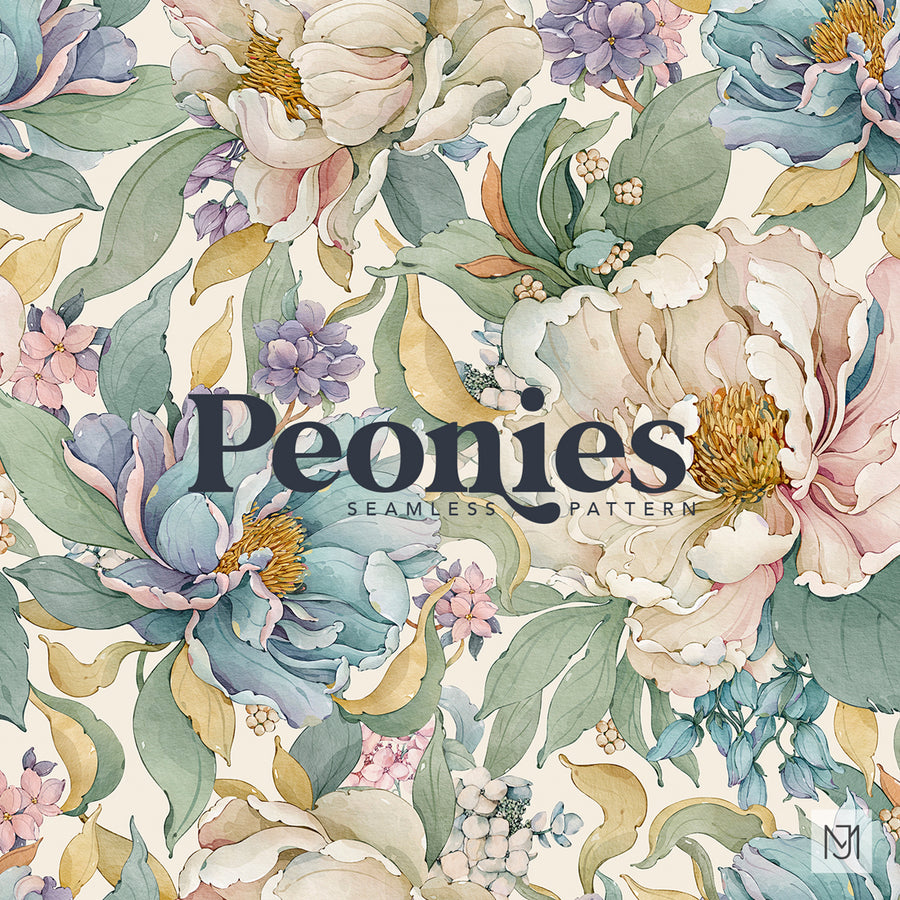 Peonies seamless surface pattern with ivory, blush, and teal peony blooms, purple lilac clusters, and gold leaves on a cream background