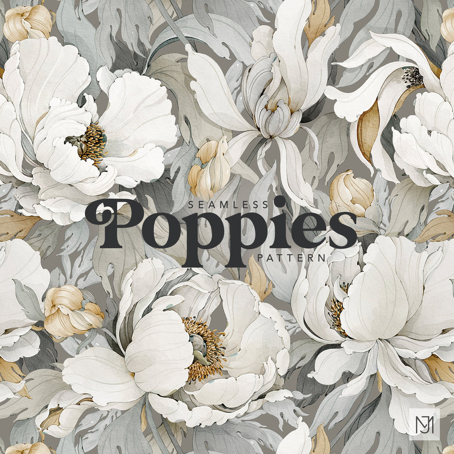 Poppies repeating floral pattern with large white ruffled blooms, golden centers, and tan buds on a gray background