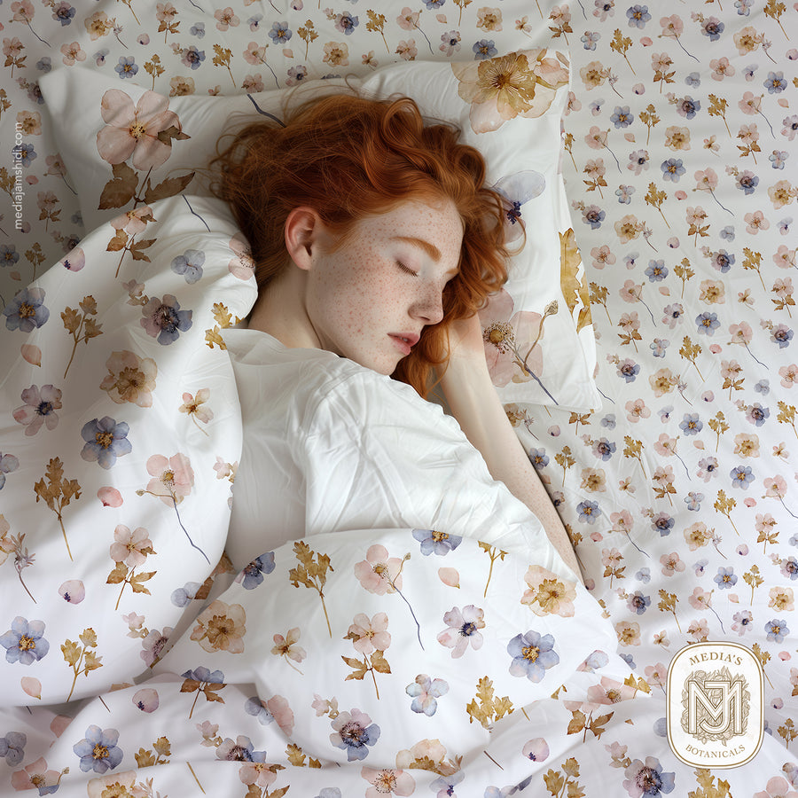 Bedding with a duvet cover and two pillows in the pressed flowers pattern, with a woman sleeping