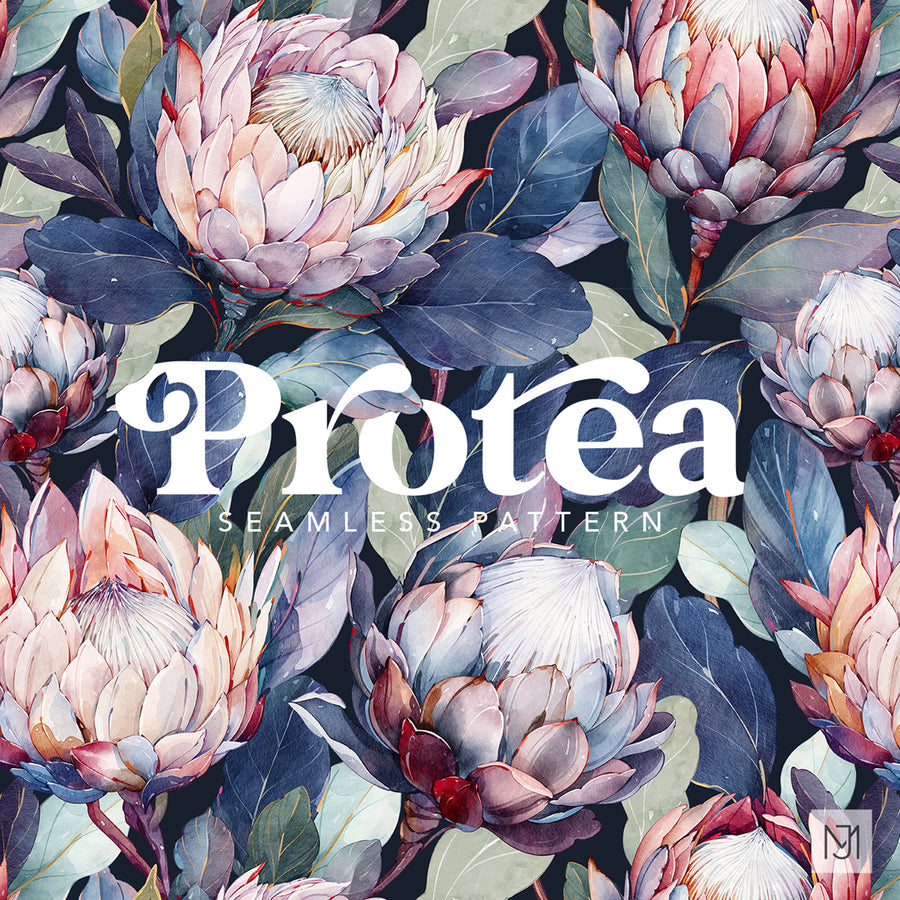 Protea seamless floral repeat with large pink and cream protea blooms and dusty blue green leaves on a dark navy background