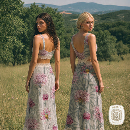 Two women seen from behind, wearing matching sleeveless gowns with the Quiet Garden seamless surface pattern in a sage gray green colorway and cream lace trim at the waist, standing in a grassy field with mountains in the distance.