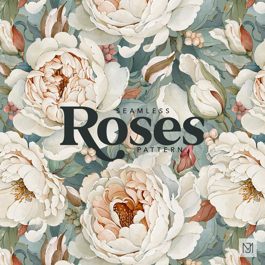 Roses surface pattern design with large white and blush ruffled blooms, pink berry clusters, and gray green leaves on a sage green background