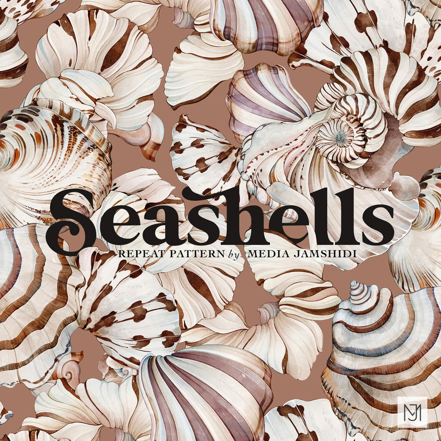 Seashells surface pattern design with cream, tan, and mauve seashells and spiral shells on a warm terracotta background
