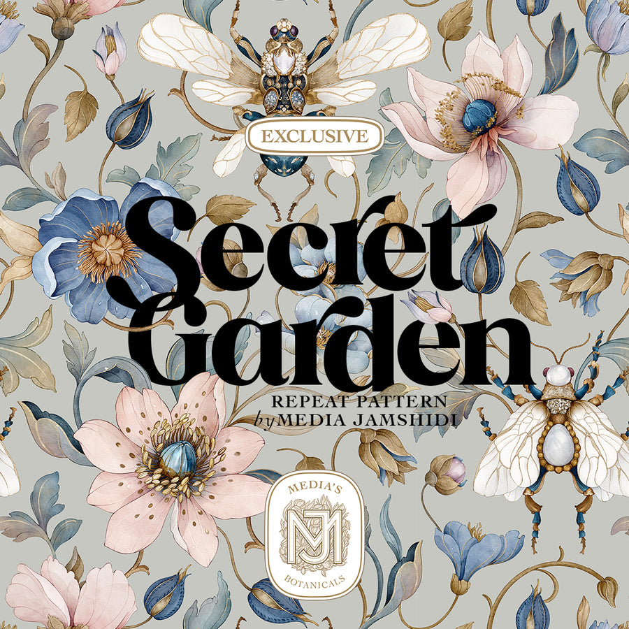 Secret Garden seamless floral repeat with jeweled beetle and bee illustrations, pink and blue flowers, and gold vines on a sage green background