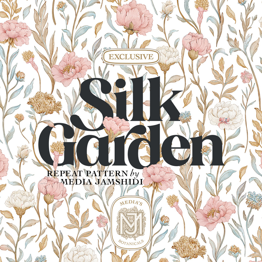 Silk Garden surface pattern design with pink and cream peony blooms, dusty blue accent flowers, and gold brown stems on a white background