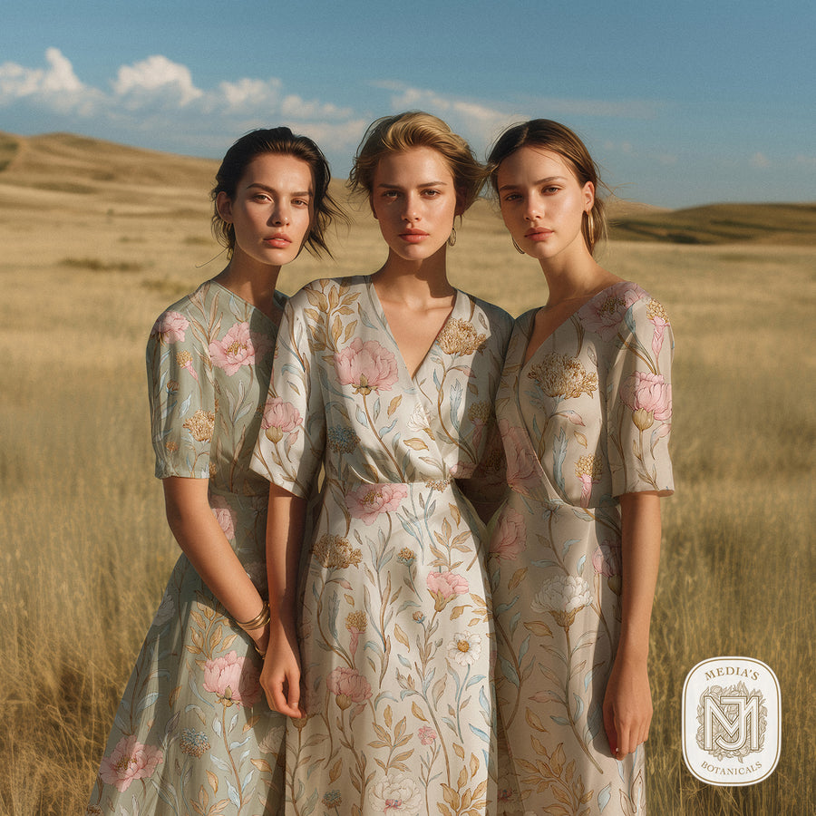 Three women wearing dresses printed with the Silk Garden pattern in a sage green colorway, standing in a golden grass field