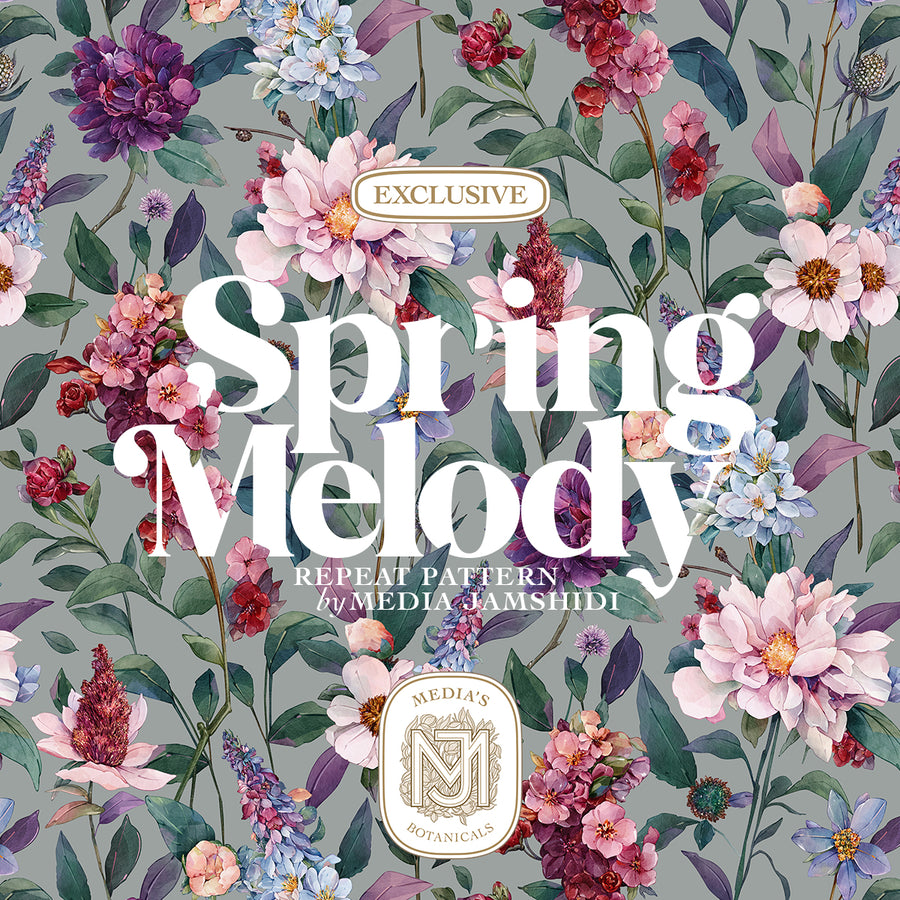 Spring Melody seamless floral repeat with deep purple and pink peony like blooms, blue and red flower clusters, and dark green leaves on a sage gray green background