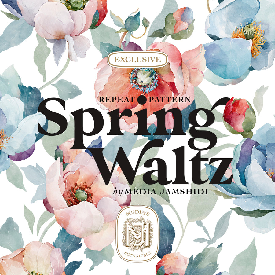 Spring Waltz repeating floral pattern with large blush pink and dusty blue peony like blooms and green leaves on a white background
