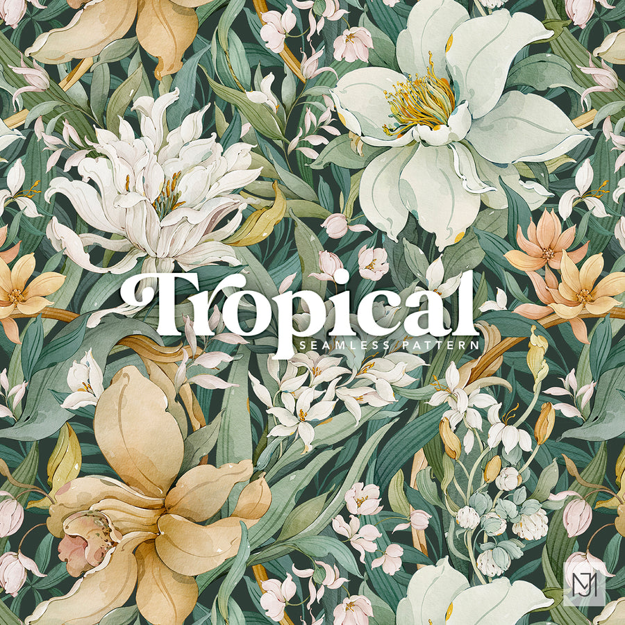 Tropical surface pattern design with large white lily like flowers, small pink and gold flowers, and green tropical leaves on a dark green background