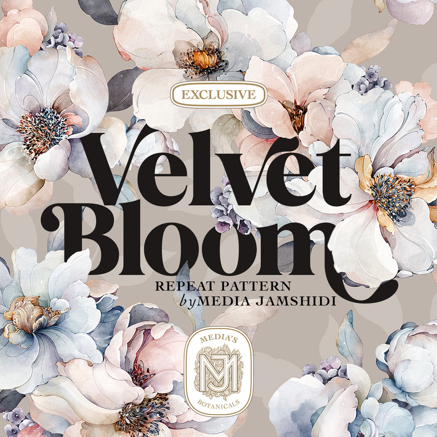 Velvet Bloom seamless floral repeat with large cream, blush, and dusty blue blooms and gold stamens on a taupe background