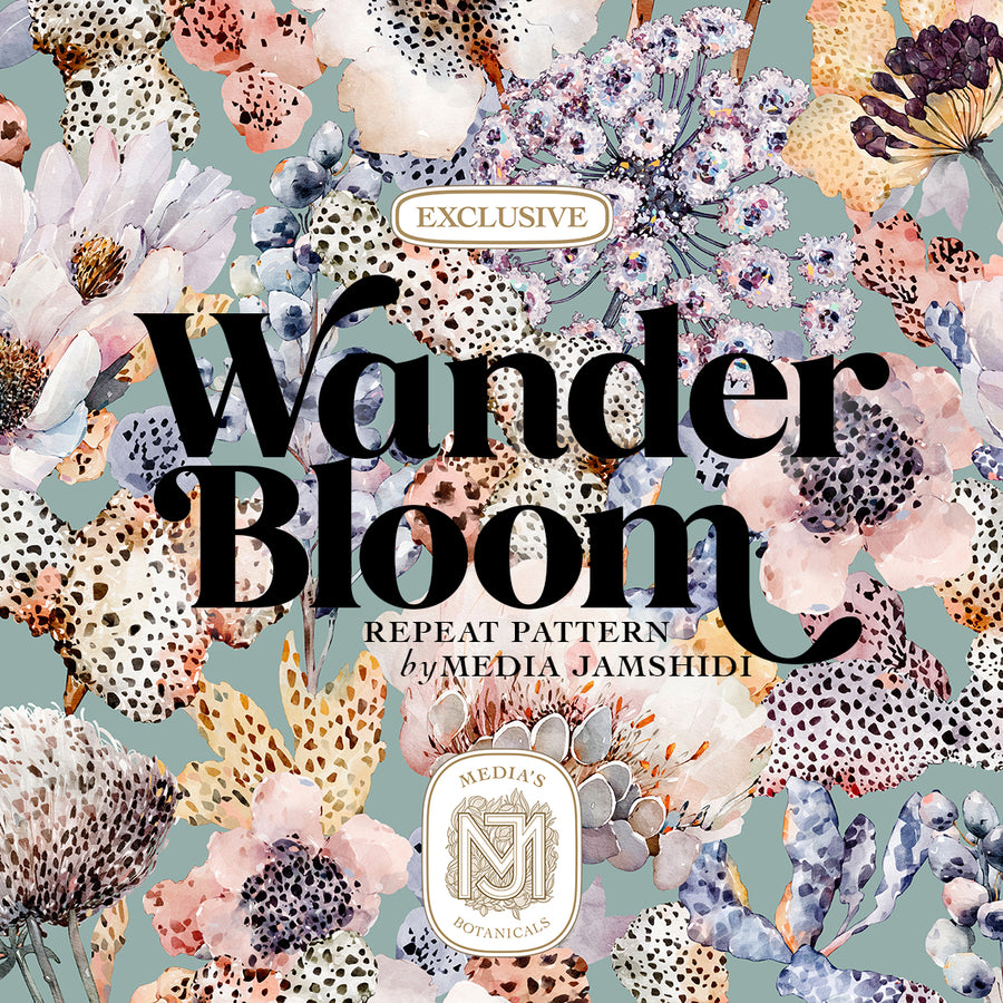 Wander Bloom seamless surface pattern with cream and blush speckled flowers, blue speckled berry clusters, and dried thistle blooms on a sage green background