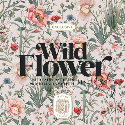 A pale blush colorway of the Wildflower Melody floral repeat, softer and lighter, with the pattern name lettered in black