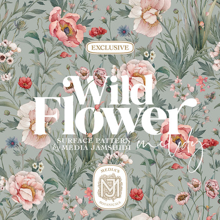 Wildflower Melody seamless surface pattern by Media Jamshidi: pink and white peonies, red carnations, blue cornflowers and sweet peas growing among tall grasses on a sage gray green ground, with the pattern name lettered across the center
