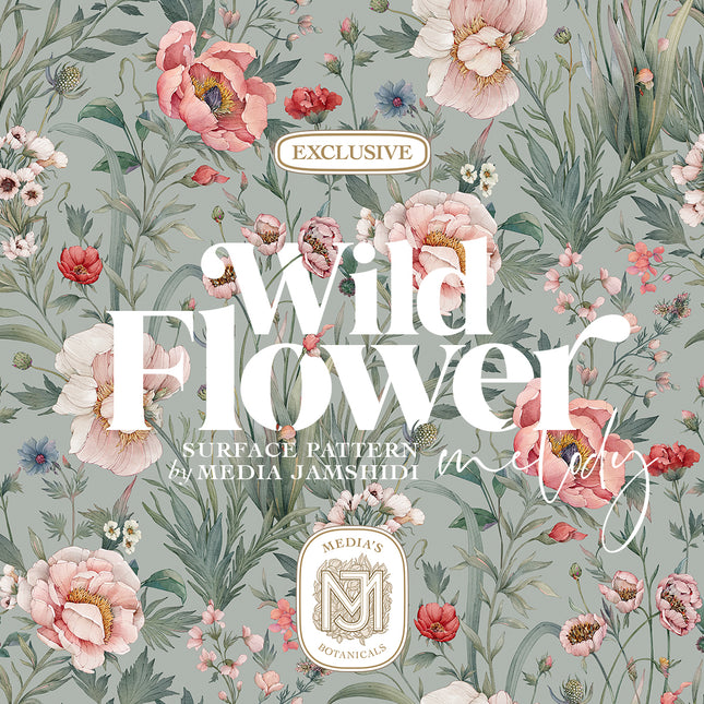 Wildflower Melody seamless surface pattern by Media Jamshidi: pink and white peonies, red carnations, blue cornflowers and sweet peas growing among tall grasses on a sage gray green ground, with the pattern name lettered across the center
