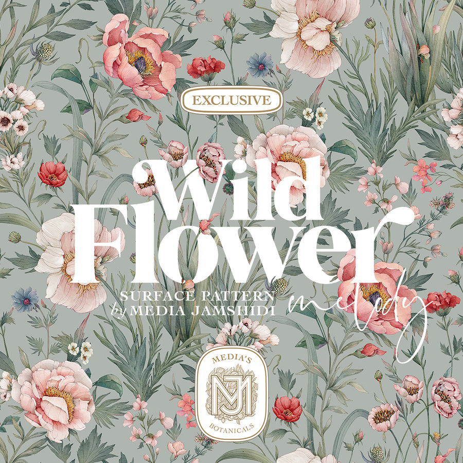 Wildflower Melody seamless surface pattern by Media Jamshidi: pink and white peonies, red carnations, blue cornflowers and sweet peas growing among tall grasses on a sage gray green ground, with the pattern name lettered across the center