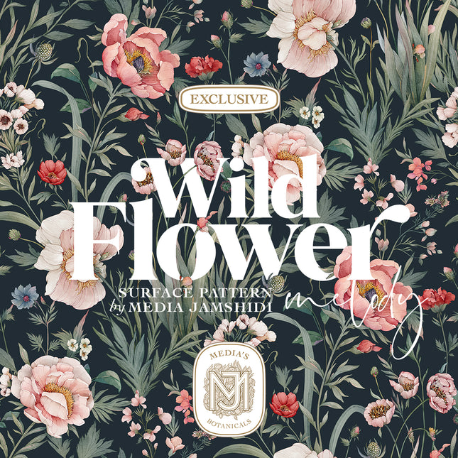 Wildflower Melody surface pattern design in a deep navy colorway, the pale blooms and wild grasses glowing against the dark ground, with the name lettered in white