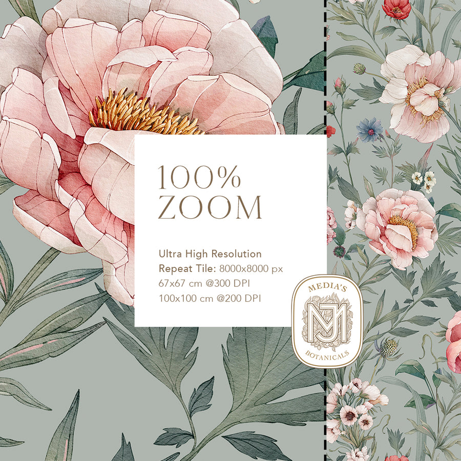 A 100% zoom of Wildflower Melody showing one hand painted pink peony up close, its layered petals and gold stamens, beside a strip of the full repeat with cornflowers and small white blossoms
