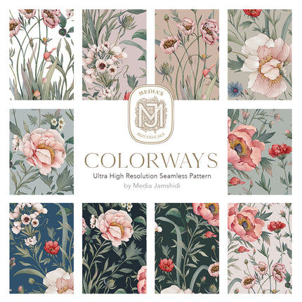 Ten colorways of Wildflower Melody arranged in a grid around the Colorways title, from white, blush and warm beige through sage and pale blue gray to steel blue, navy and dark forest green