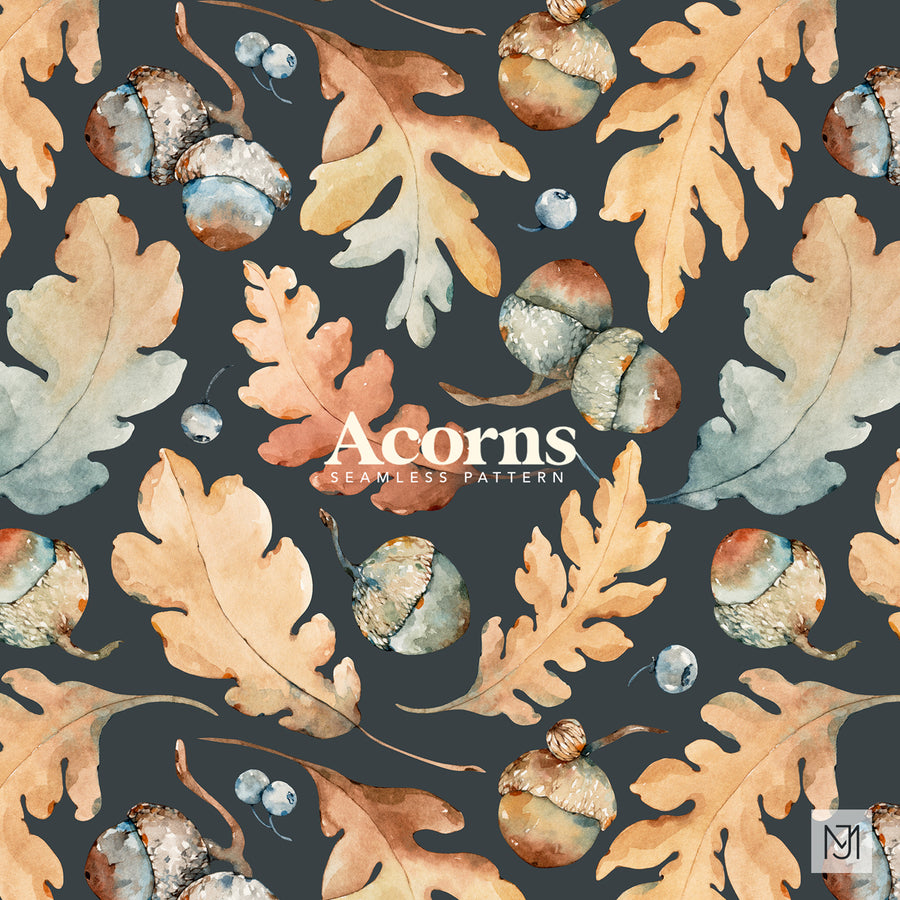 Autumn Acorns seamless nature pattern with brown acorns, orange and tan oak leaves, and small blue berries on a dark charcoal background.