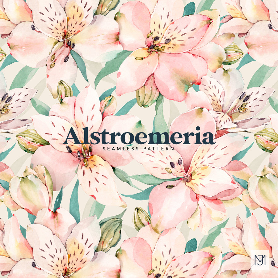 Alstroemeria surface pattern design with pink and blush speckled alstroemeria blooms and green leaves on a cream background.