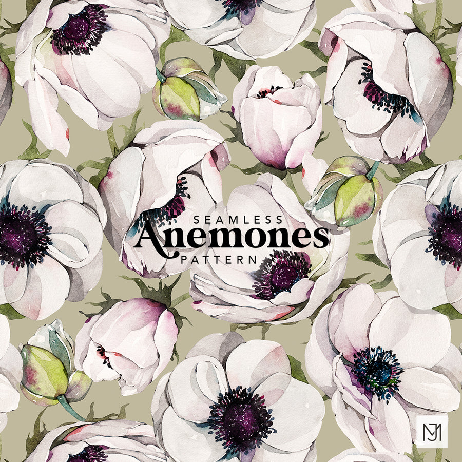 Anemones surface pattern design with white anemone flowers, dark purple centers, and green leaves on an olive green background.