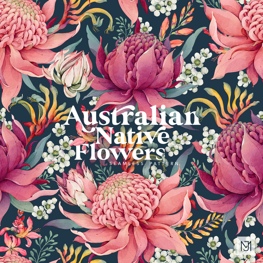 Australian Native Flowers seamless surface pattern with large pink layered blooms, small white clustered flowers, and orange tubular flowers on a dark navy background