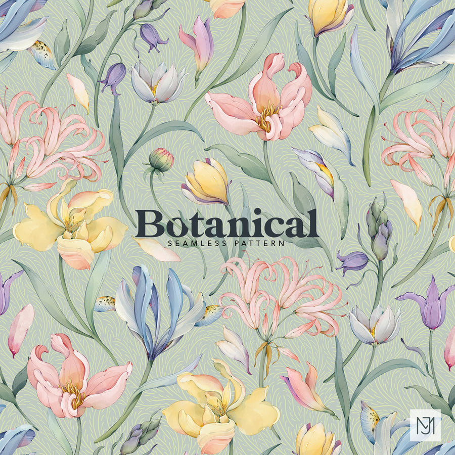Botanical surface pattern design with pink, yellow, purple, and blue flowers on a sage green background