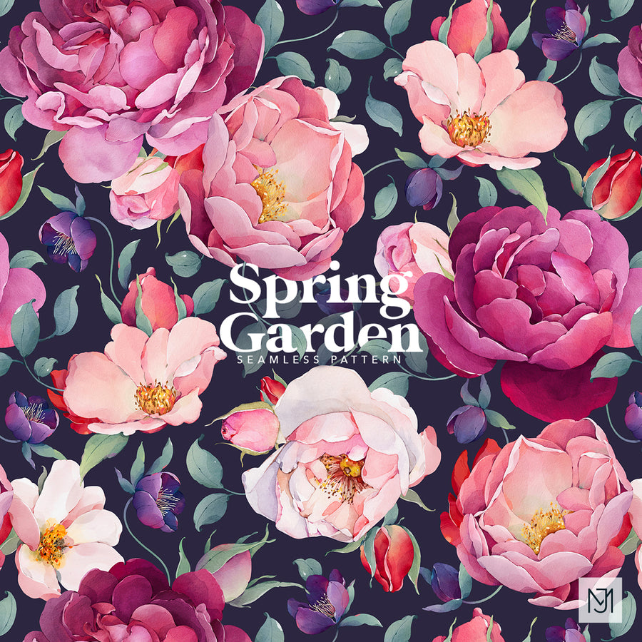 Spring Garden seamless surface pattern with magenta, pink, and burgundy roses and peonies and purple accent flowers on a dark navy background