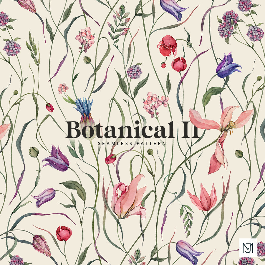 Botanical II seamless floral repeat with pink berry clusters, red ranunculus, purple bellflowers, and pink tulip-like blooms on thin green stems, on a cream background.