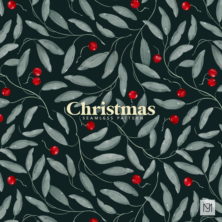 Christmas seamless nature pattern with sage-gray mistletoe-style leaves and red berries on a dark green background.