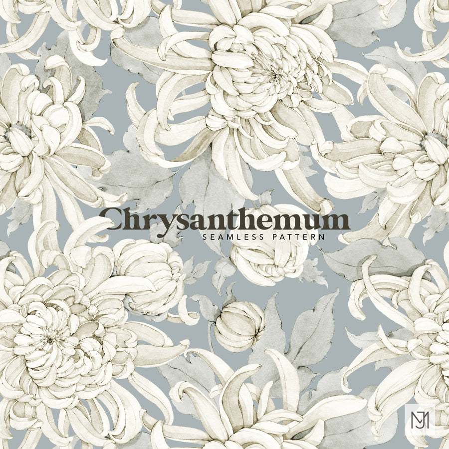 Chrysanthemum surface pattern design with ivory chrysanthemum blooms and sage leaves on a dusty blue-gray background.
