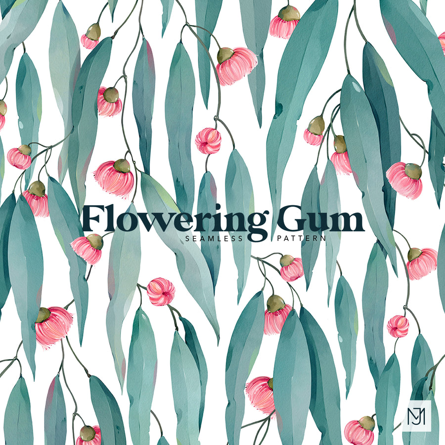 Australian Flowering Gum surface pattern design with sage green eucalyptus leaves and pink fringed gum blossoms on a white background.