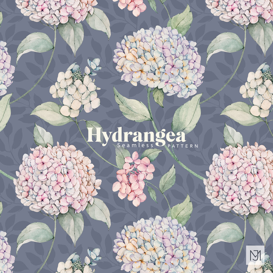 Hydrangea surface pattern design with pink, lavender, and cream hydrangea clusters and green leaves on a slate blue background.