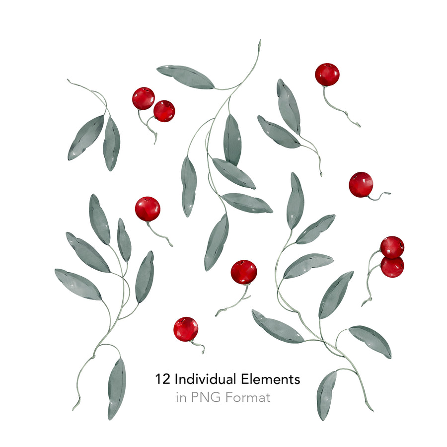 Twelve individual watercolor illustrations of sage-gray leaves and red berries, shown separately on a white background as individual pattern elements.