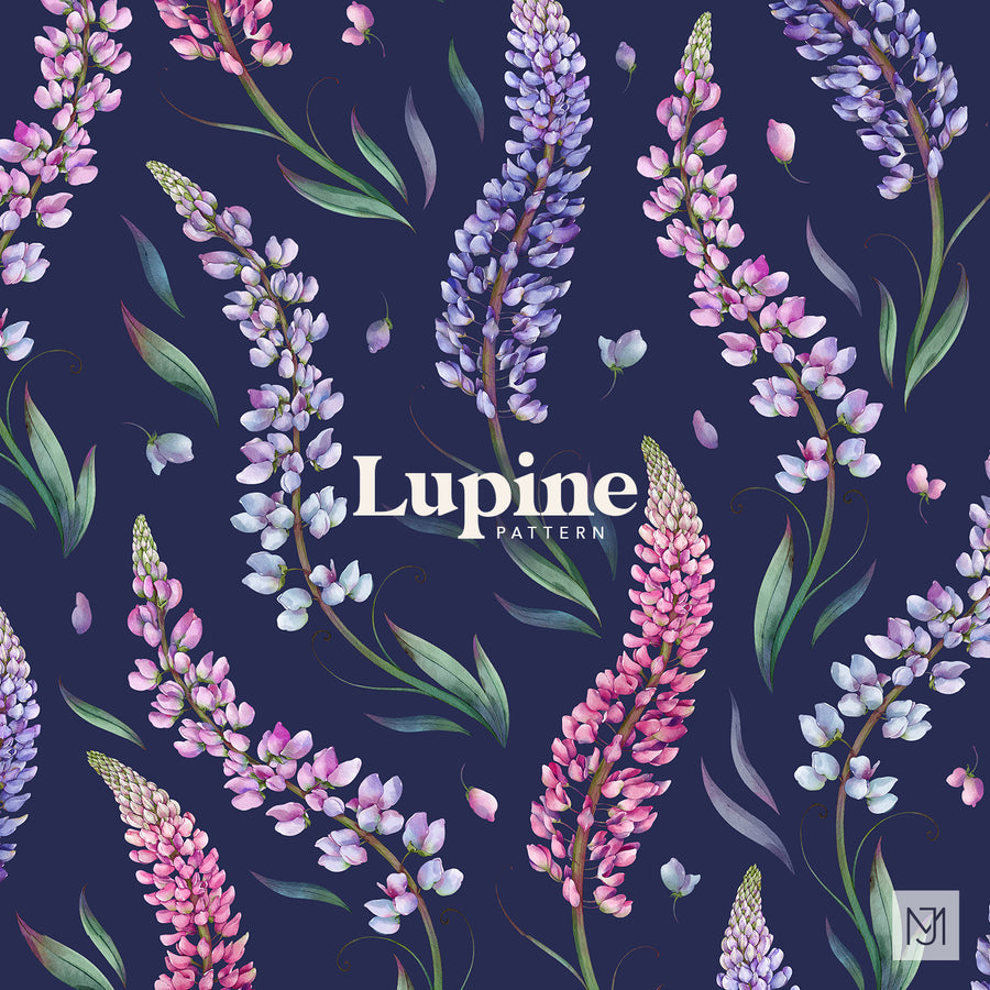 The Lupine pattern by Media Jamshidi, a repeating floral design with tall purple, lavender, and pink lupine spikes and green leaves on a dark navy background.