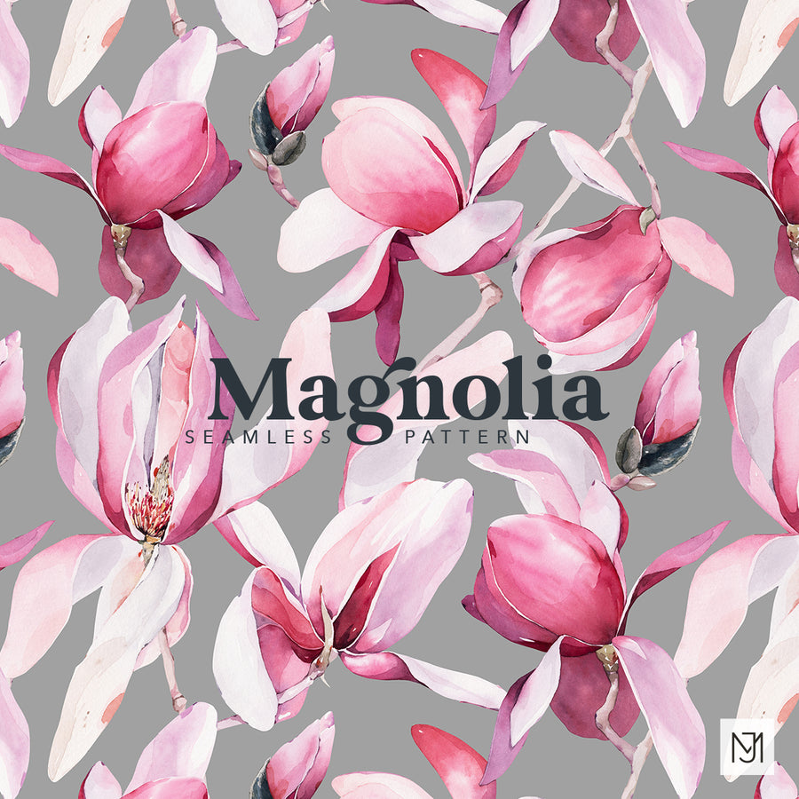 Magnolia, a seamless surface pattern of hand-painted watercolor magnolia flowers in pink and burgundy on a gray background, by Media Jamshidi.