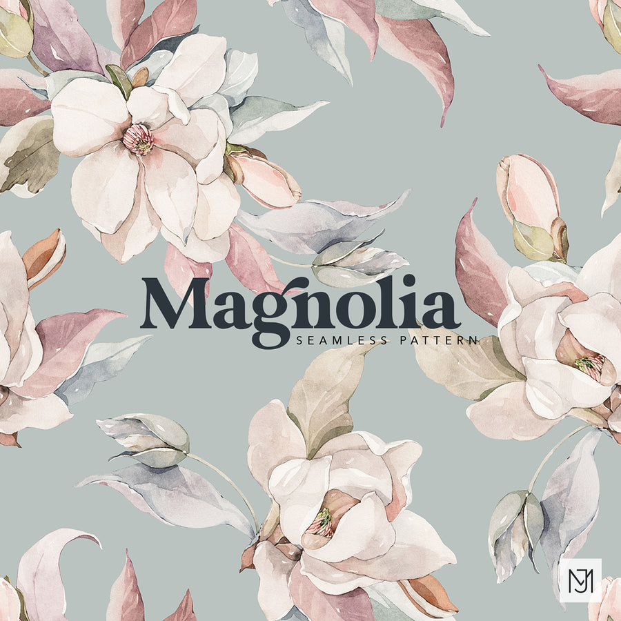 Watercolor Magnolia seamless surface pattern with cream magnolia flowers, pink buds, and muted green and mauve leaves on a sage green background.