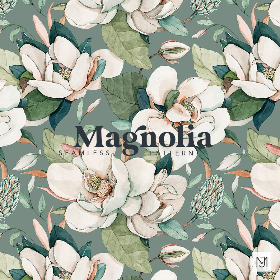 White Magnolia seamless surface pattern with white magnolia flowers and green and peach-toned leaves on a sage green background.