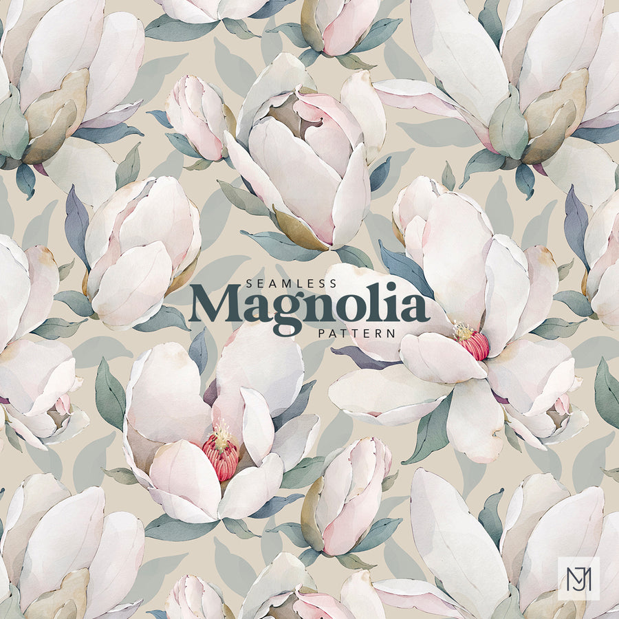 Magnolia surface pattern design with blush white blooms, red tipped stamens, and dusty blue green leaves on a cream background