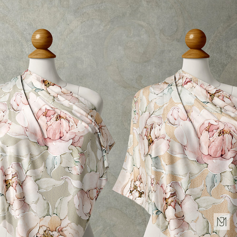 Fabric draped over two dress form mannequins showing the peonies pattern in a sage gray colorway and a beige colorway side by side