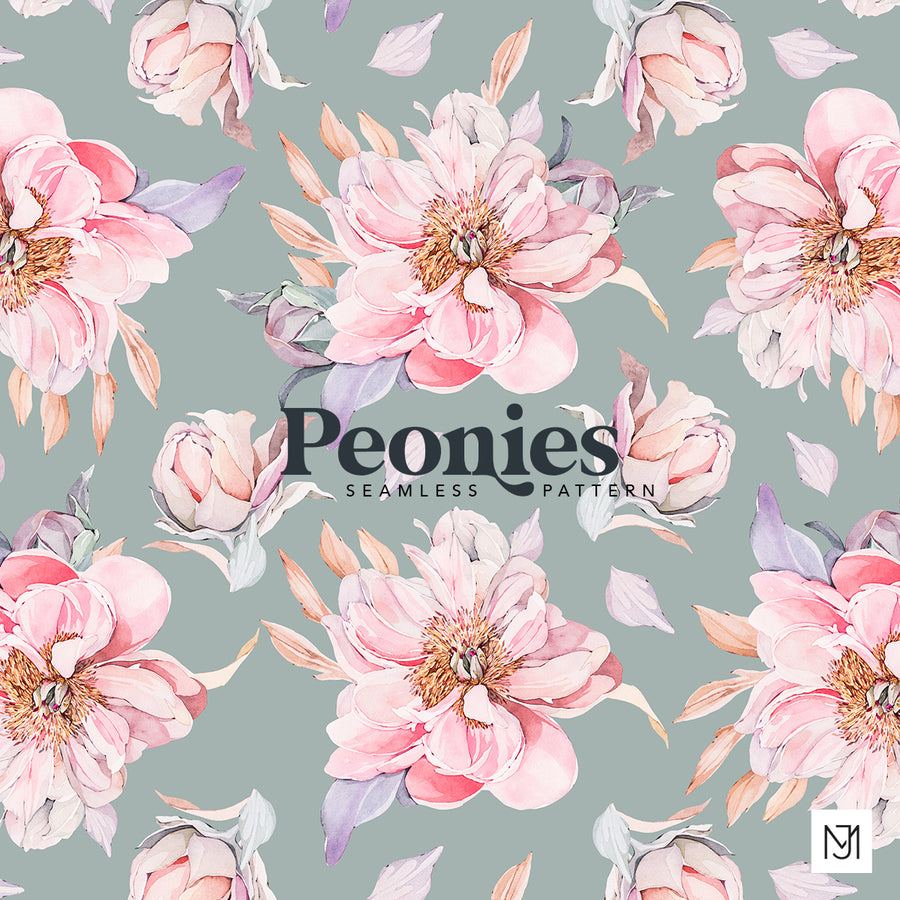 Soft Peony, a surface pattern design of hand-painted watercolor peonies in blush pink with gold centers, on a sage gray-blue background.