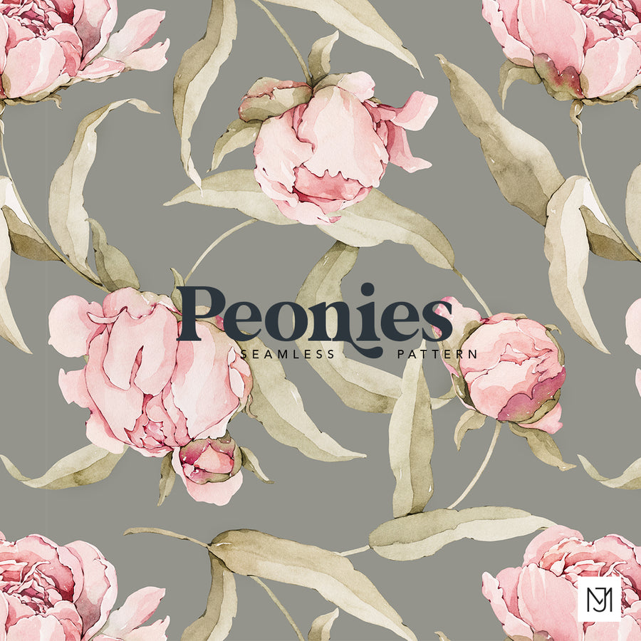 Peonies, a seamless surface pattern of hand-painted watercolor peonies in pink on a sage gray background, with soft olive leaves.