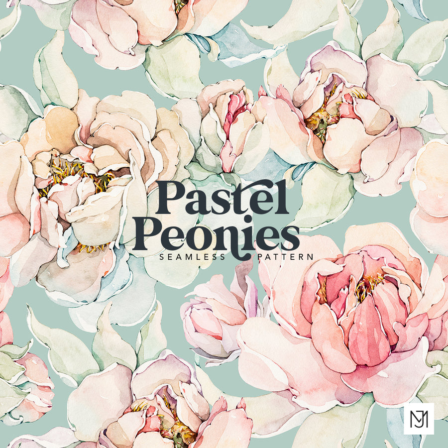 Watercolor Pastel Peonies repeating floral pattern with blush pink and cream peony blooms on a soft sage background.