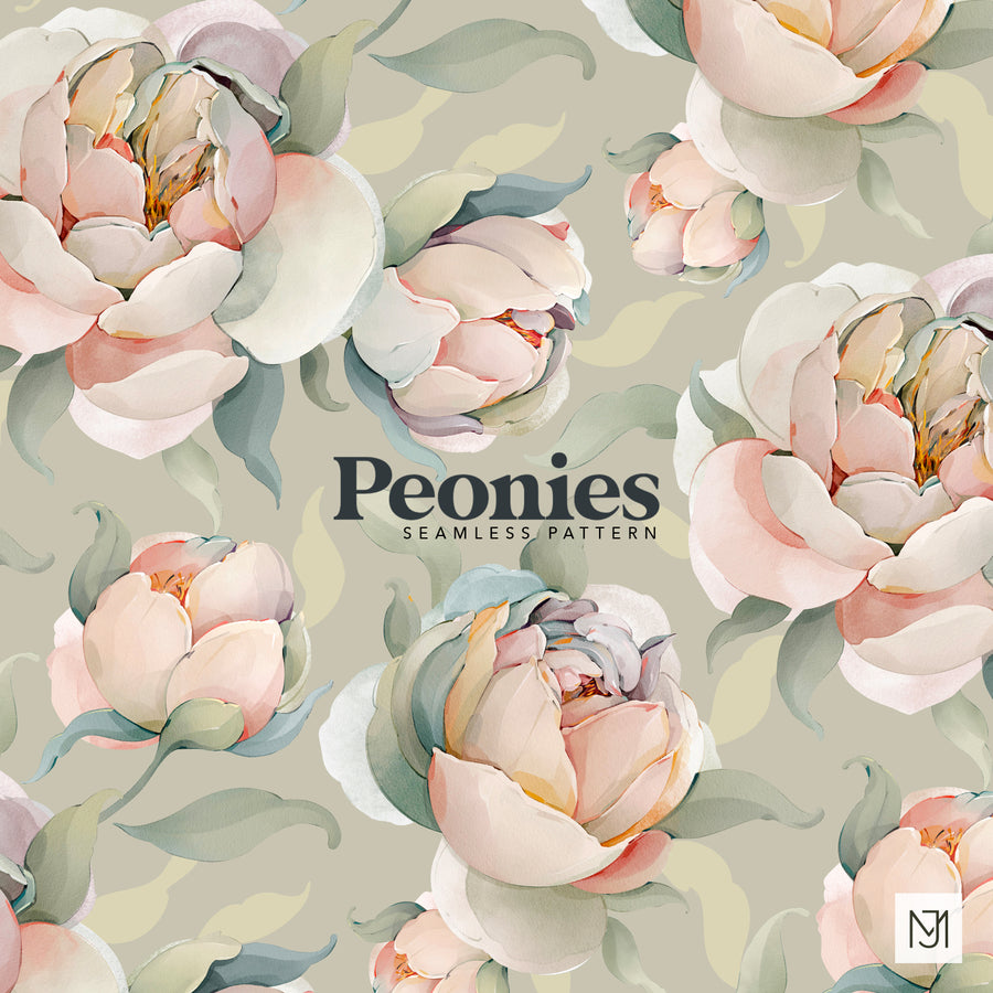 Peonies seamless surface pattern with blush pink and cream peony blooms and sage green leaves on an olive green background.