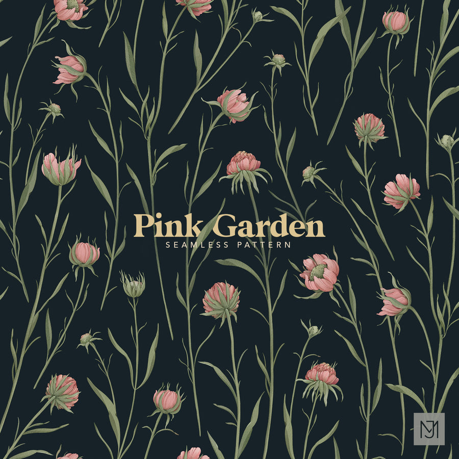 Pink Garden seamless surface pattern with pink wildflower blooms and buds on tall thin stems, spaced widely on a dark navy background.