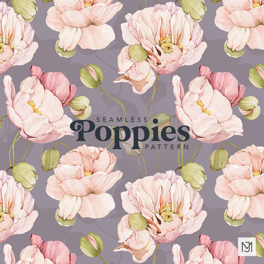 Poppies seamless floral repeat pattern with blush pink poppies, deeper rose buds, and green seed pods on a muted purple-gray background.
